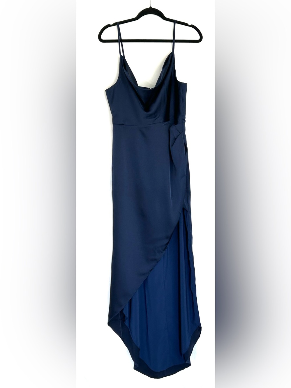 NBD Navy Satin Draped High-Low Slip Dress